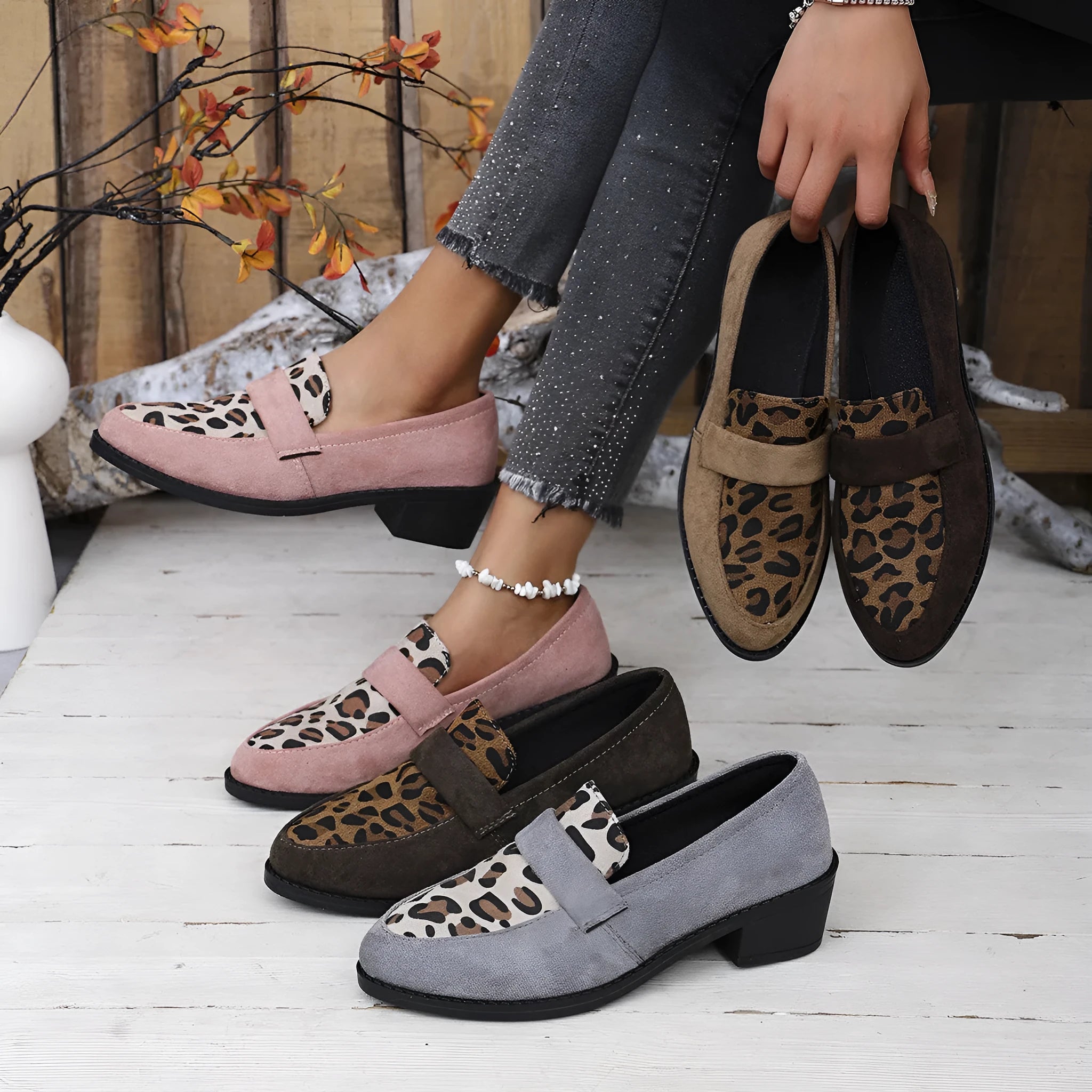 Leopard print slip-on suede shoes with a chunky heel and pointed toe in pink colour