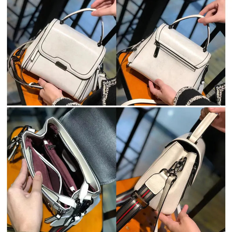 Women's retro style genuine leather messenger bag in horizontal square shape with multiple internal compartments