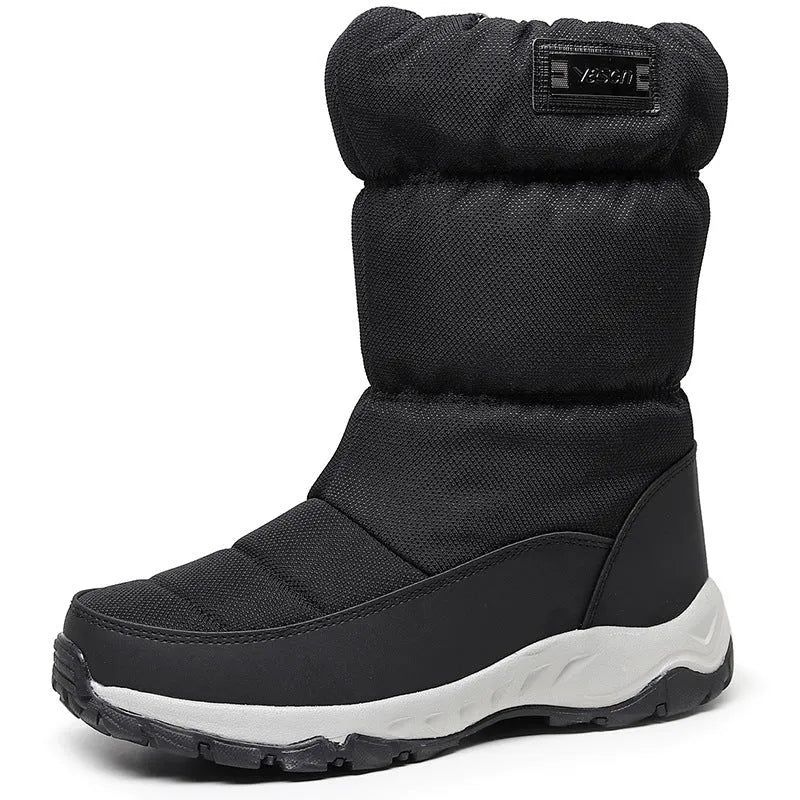 Men's waterproof snow boots with fleece lining, canvas upper, side zipper, and mid heel in multiple winter colours