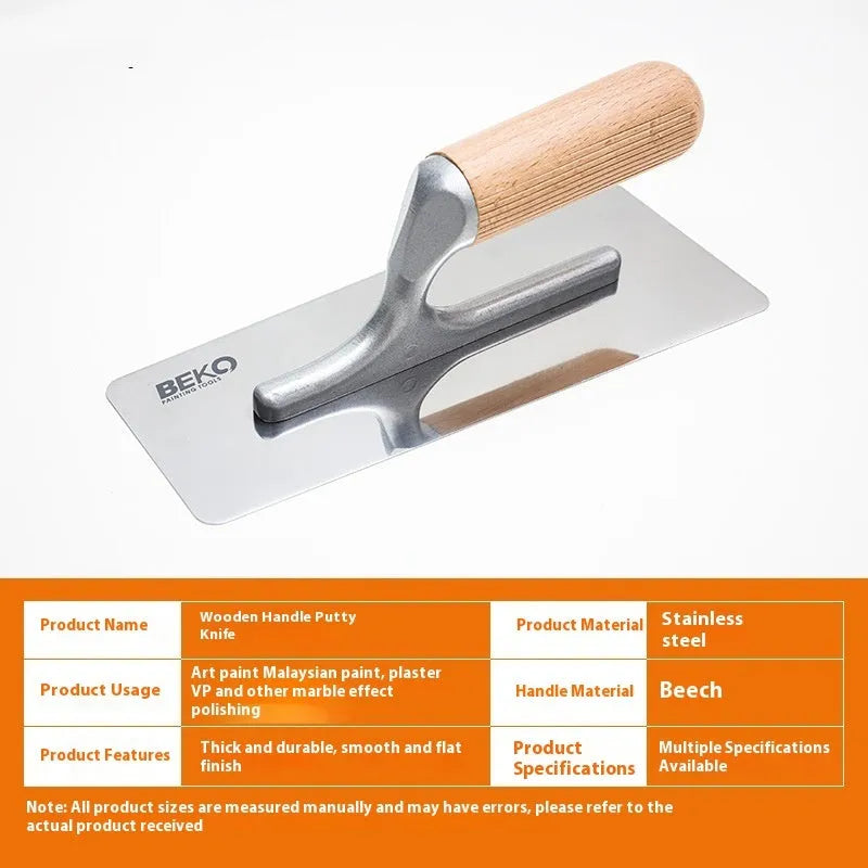 Stainless steel putty scraper with a wooden handle, showing three different blade size options.