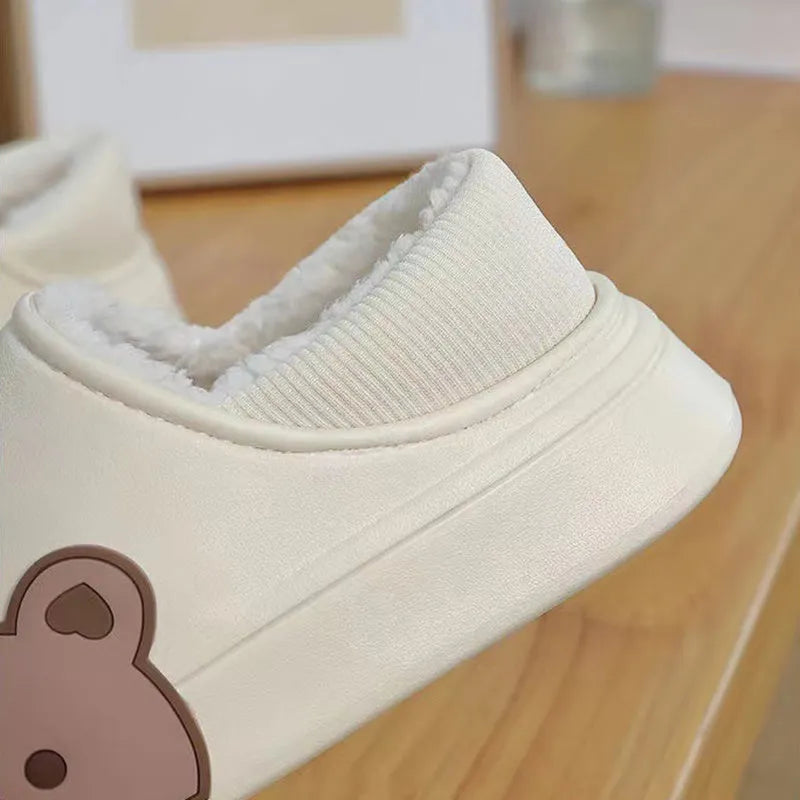 Bear fluffy slippers winter house shoes for women, unisex PVC sole, white colour