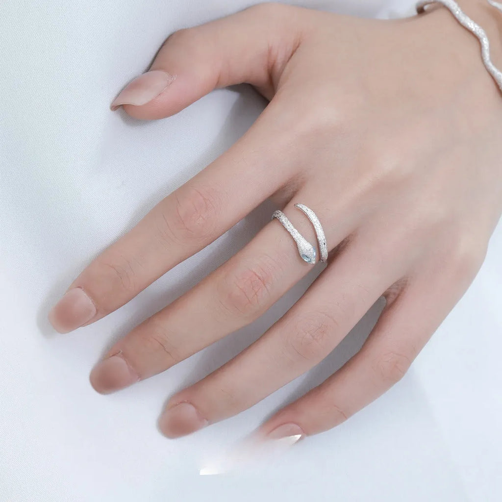 Women's adjustable silver snake ring with electroplated white gold colour finish and original zodiac animal design