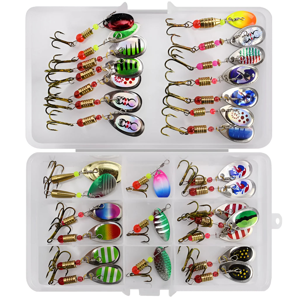 Fishing gear accessories set with metal tossing type lure and rotating sequined suit in two colour options