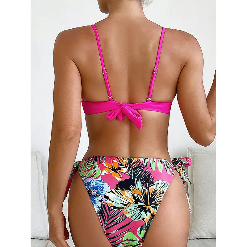 Women's rose red bikini swimsuit with braid rope detail on two-piece design