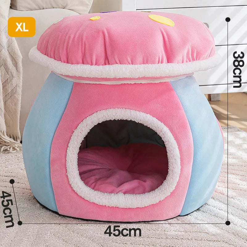 Mushroom-shaped plush cat bed in purple, pink, or grey colours