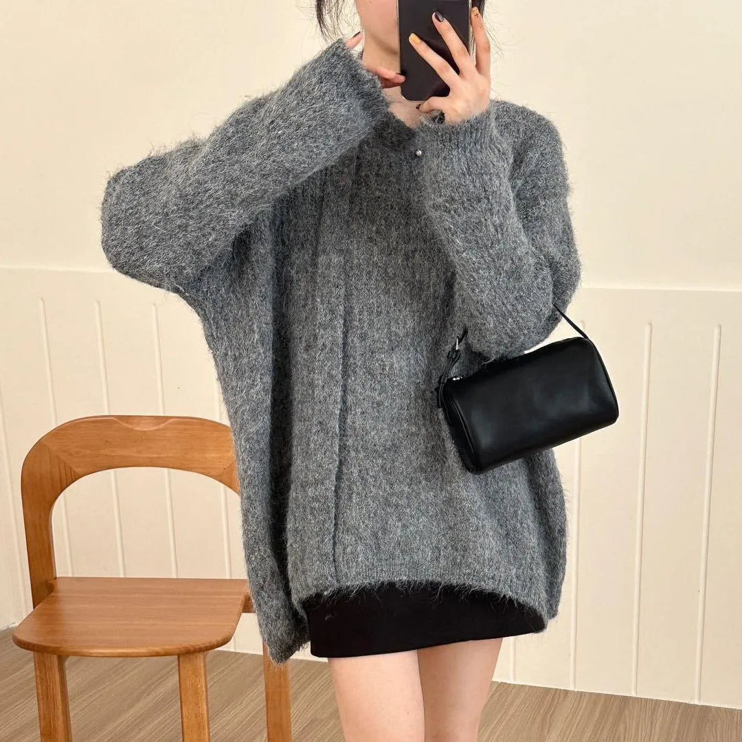 V-neck halter ribbon loose mid-length pullover sweater in polyester for women
