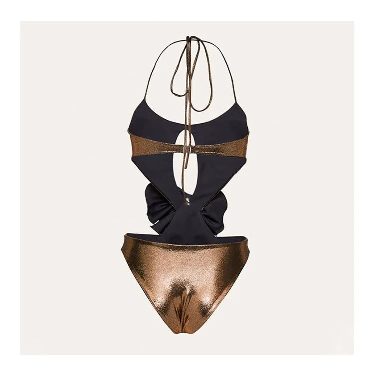 Gold handmade hollow-out halter one-piece swimsuit for swimming and wading sports