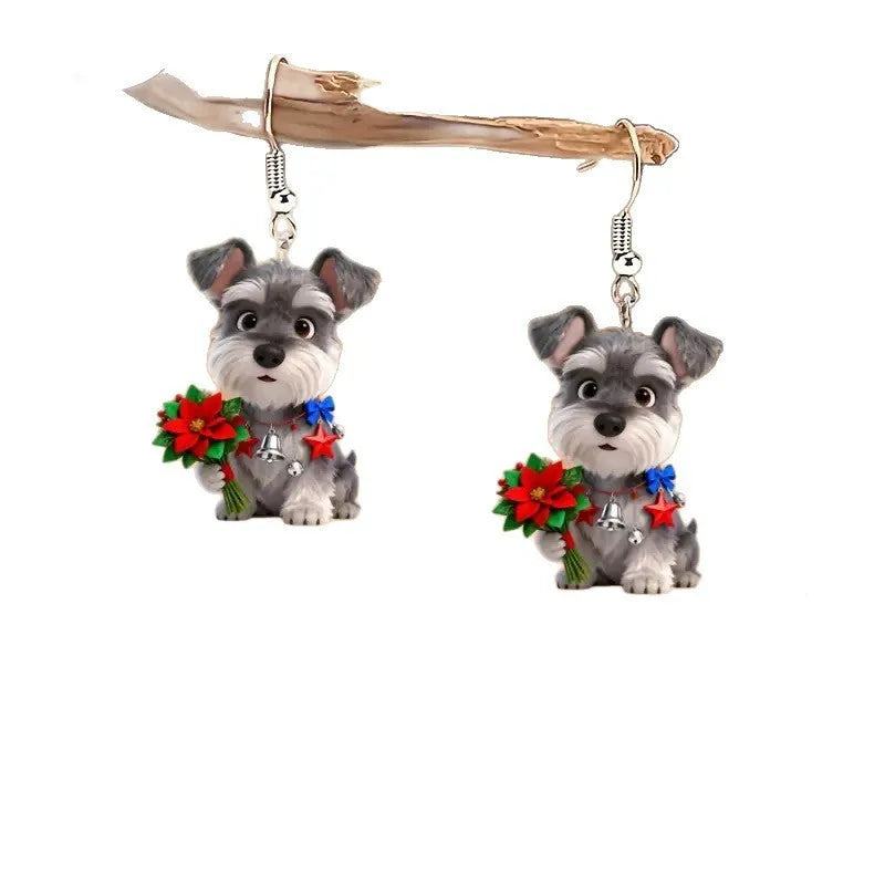 Pair of flat cartoon Schnauzer dog earrings made of acrylic in a Christmas style on white background