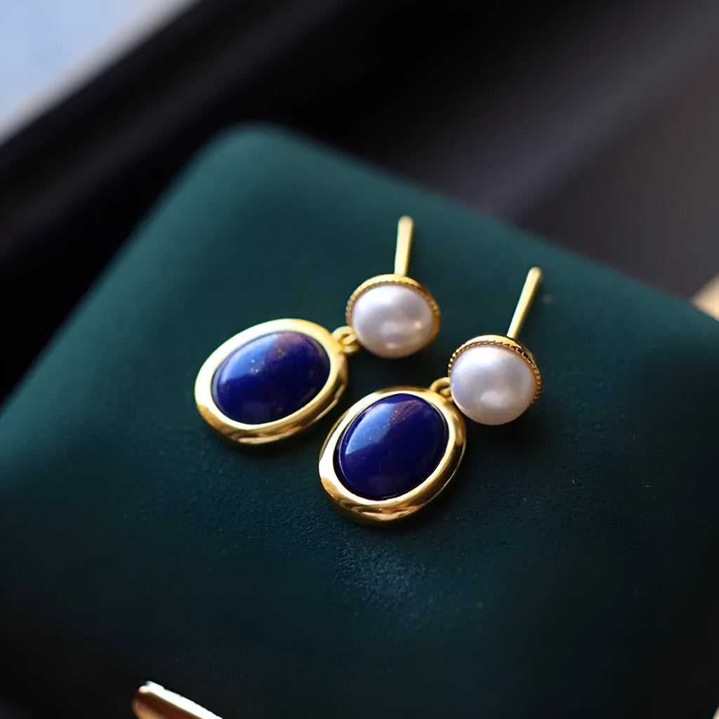 A pair of simple lapis lazuli pearl earrings made from 925 sterling silver with auspicious patterns.