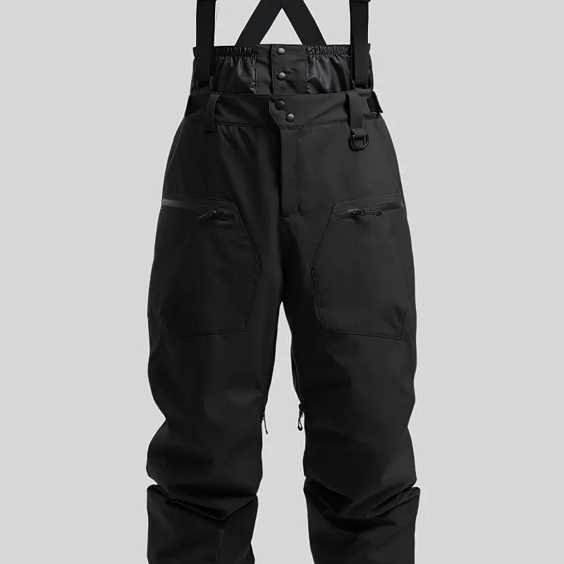 Men's black waterproof ski trousers with adjustable ankle straps on a model