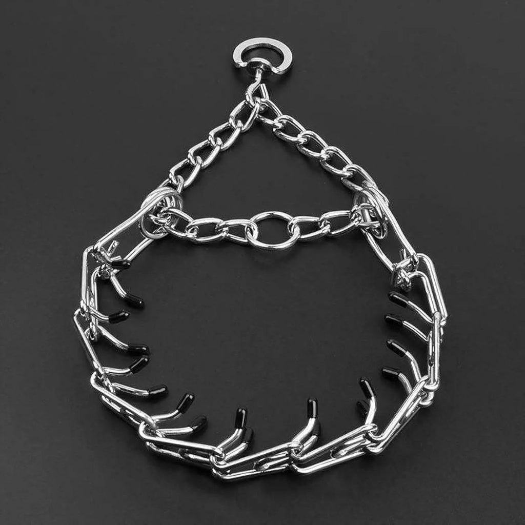 Stainless steel dog training pinch collar with adjustable chain links and rubber comfort tips
