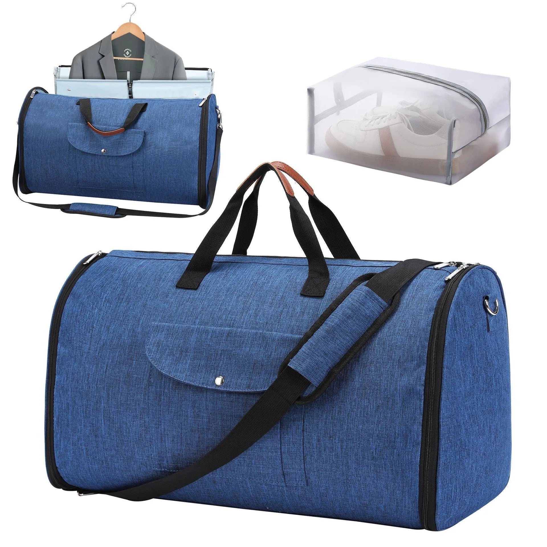 Dark blue folding duffel bag made from oxford cloth, shown with capacity for travel and gym use.