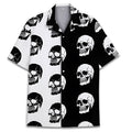 Men's light blue Cuban collar Hawaiian shirt with a pattern, laid flat.