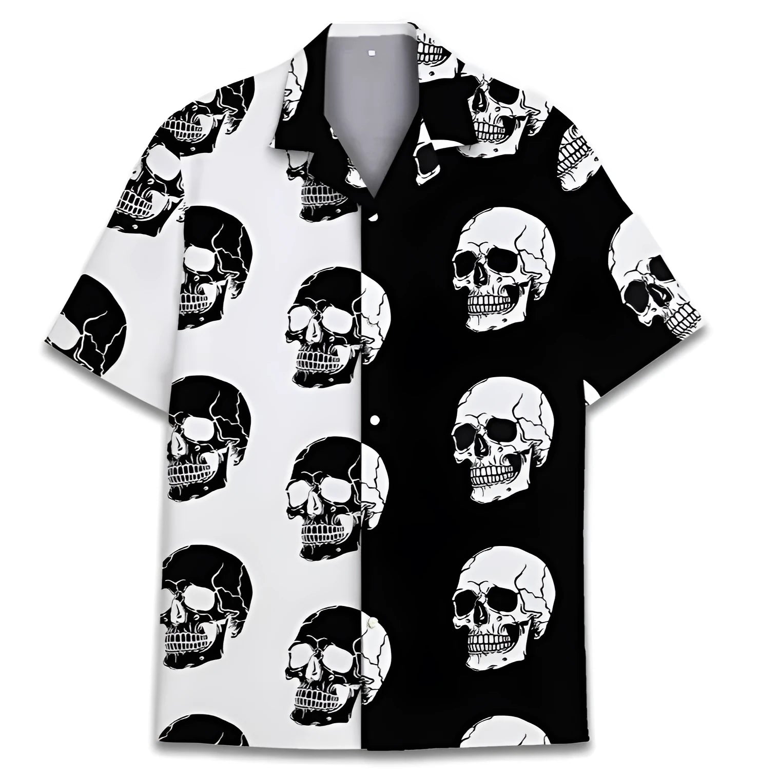 Men's light blue Cuban collar Hawaiian shirt with a pattern, laid flat.