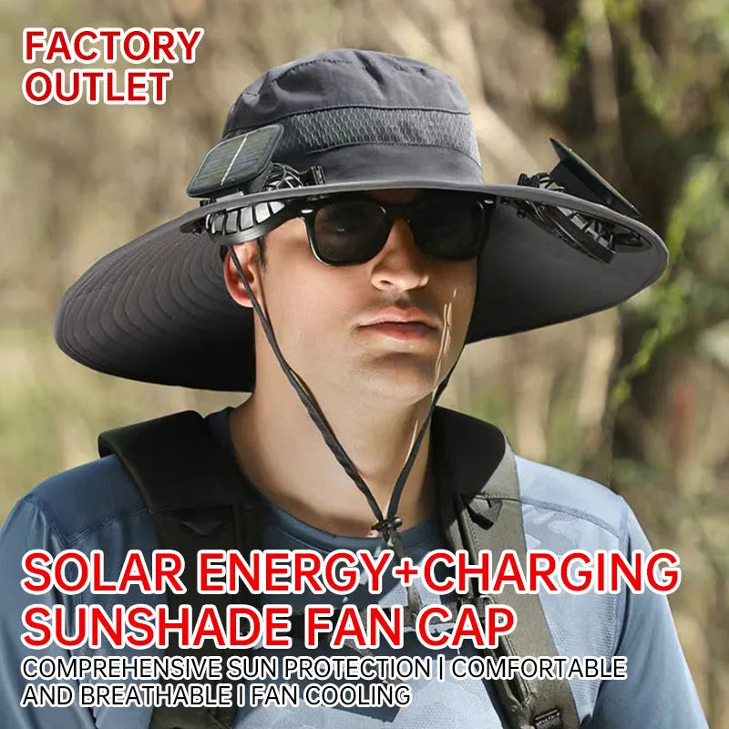 Men's solar-powered fan hat in beige colour with integrated fan for outdoor fishing.