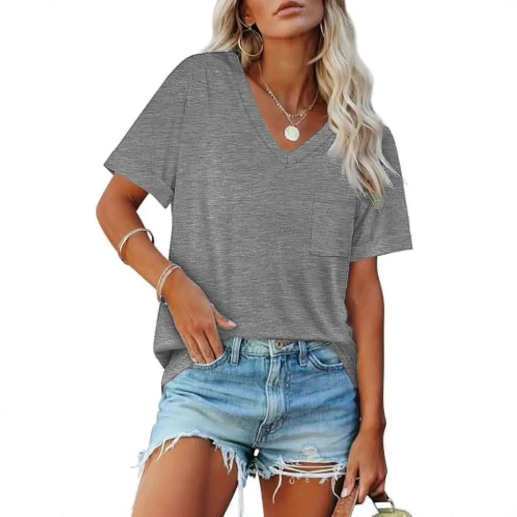 Grey loose fit men's V-neck t-shirt with a chest pocket on a solid colour background.