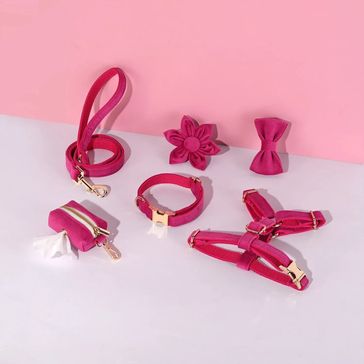 Classic velvet dog collar and matching lead set with chest strap, bow tie, and flower accessory in assorted colours.