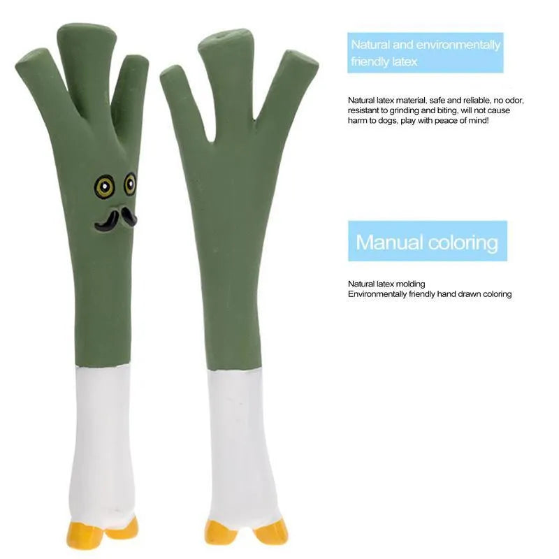 Green, orange, and purple latex vegetable dog chew toys with cartoon onion and eggplant designs