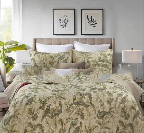Blue American floral quilted cotton bedspread set on a bed, showing the three-piece 230x250 cm cover.