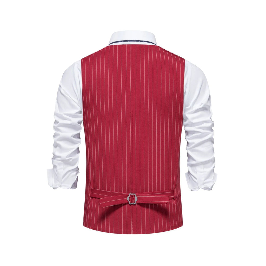 Men's striped polyester waistcoat with non-ironing finish on a hanger.