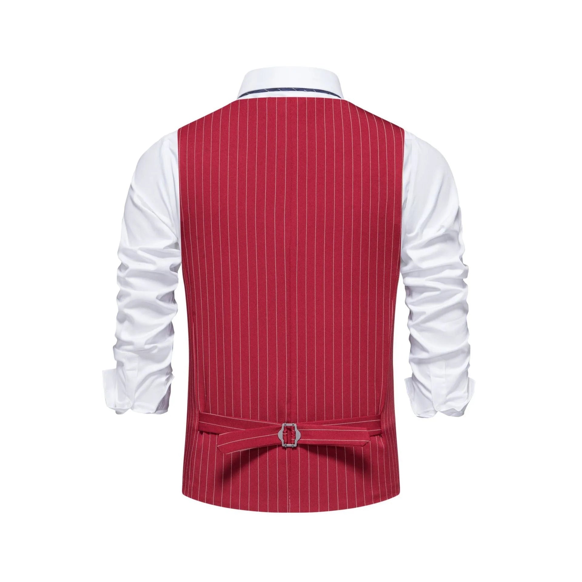 Men's striped polyester waistcoat with non-ironing finish on a hanger.