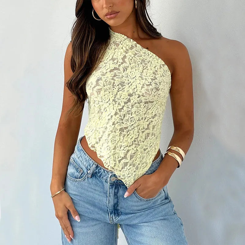 Women's lace backless sleeveless top with asymmetrical neckline in solid colour options