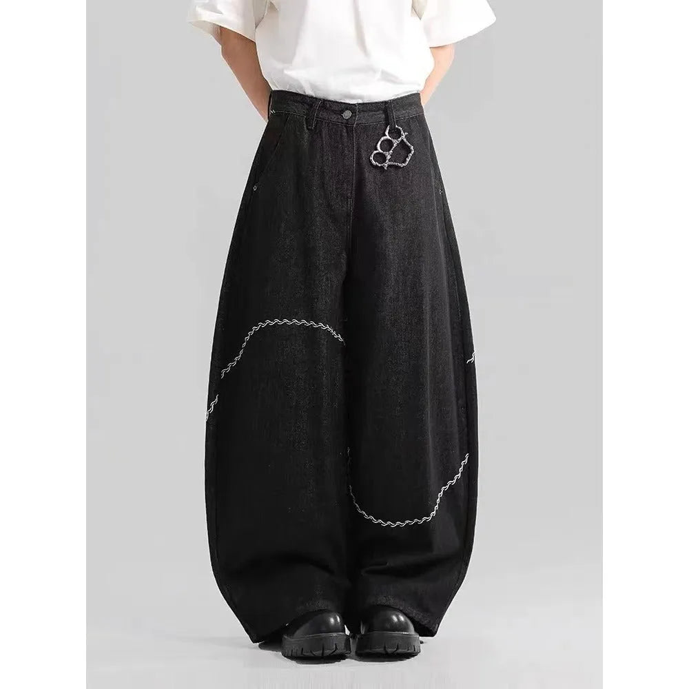Black straight-leg denim trousers with micro-elastic fabric for autumn and winter casual wear
