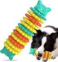 Blue natural rubber caterpillar-shaped chew toy for dogs on a wooden floor.