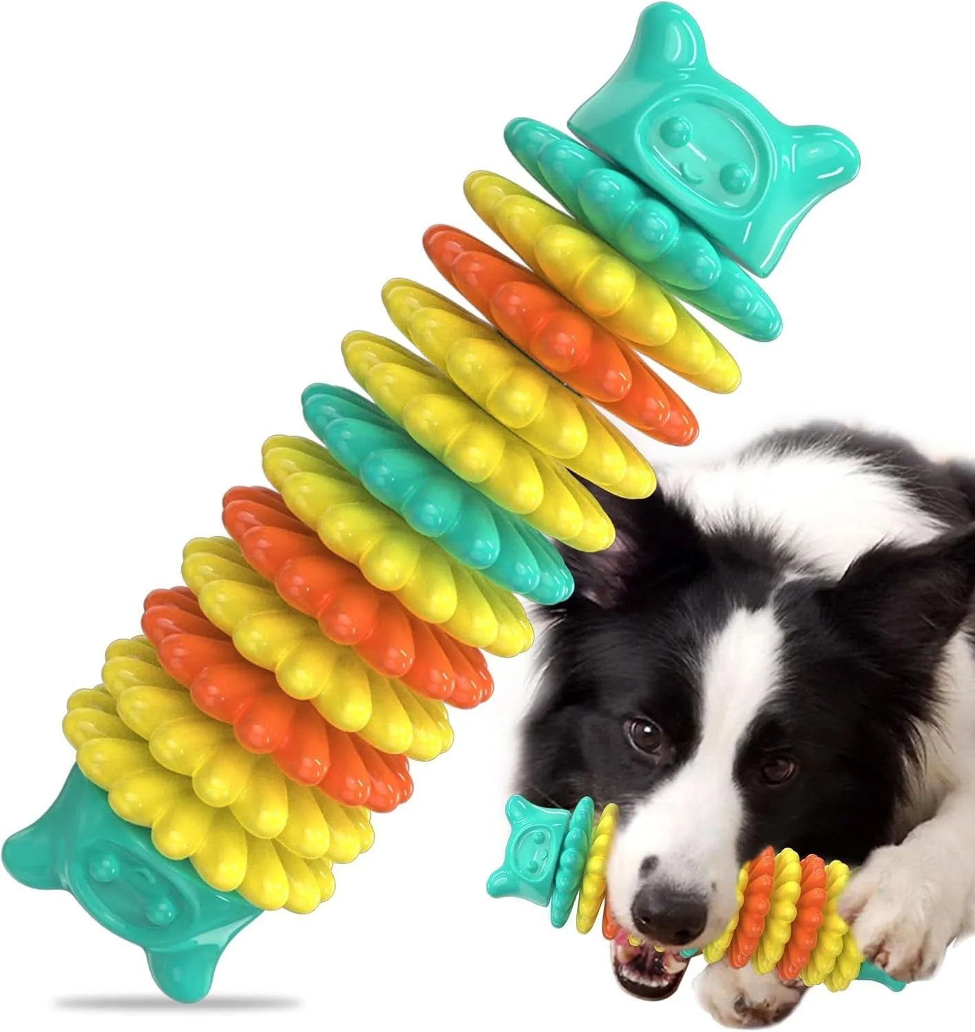 Blue natural rubber caterpillar-shaped chew toy for dogs on a wooden floor.