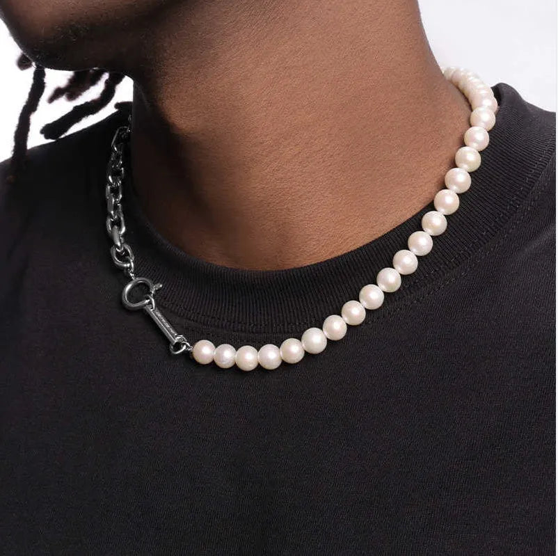 Unisex natural pearl necklace with titanium steel, white pearls 8mm width, 45cm or 50cm length