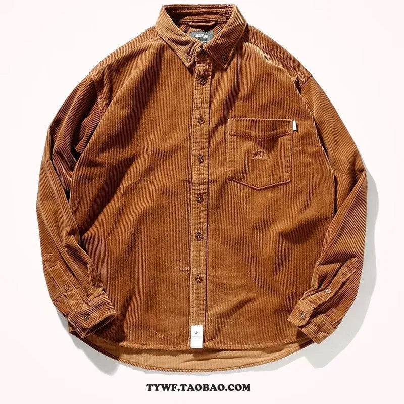 Men's caramel corduroy loose fit cardigan shirt with long sleeves Hong Kong style