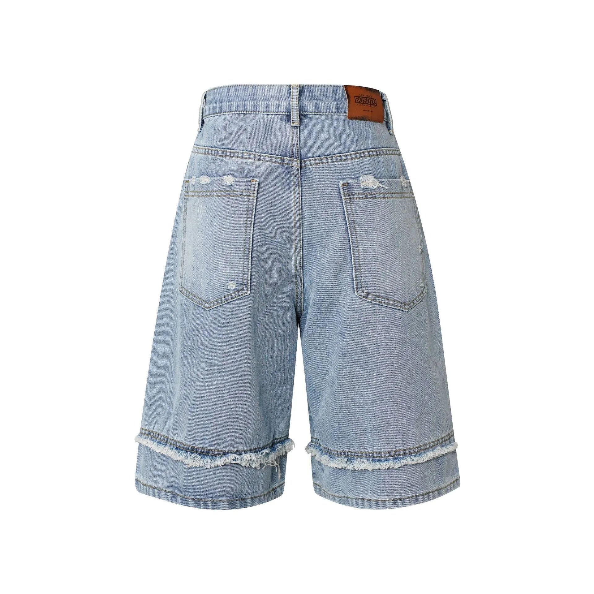 Men's distressed light blue denim shorts with raw edge hem and straight leg cut on a plain background.