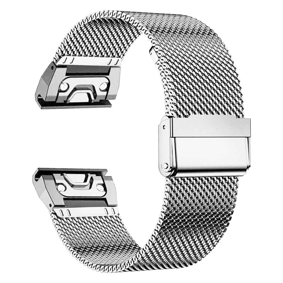 Silver stainless steel smartwatch strap for Garmin Fenix watches, shown next to 20mm, 22mm, 26mm size indicators.