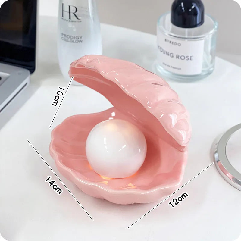 White porcelain decorative tray with integrated small night lamp, pink shell option available.