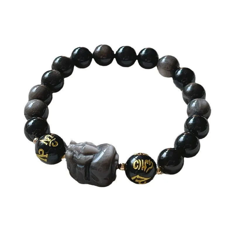 Silver stone men's bracelet with Chinese zodiac symbols and engraved proverbs on beaded design
