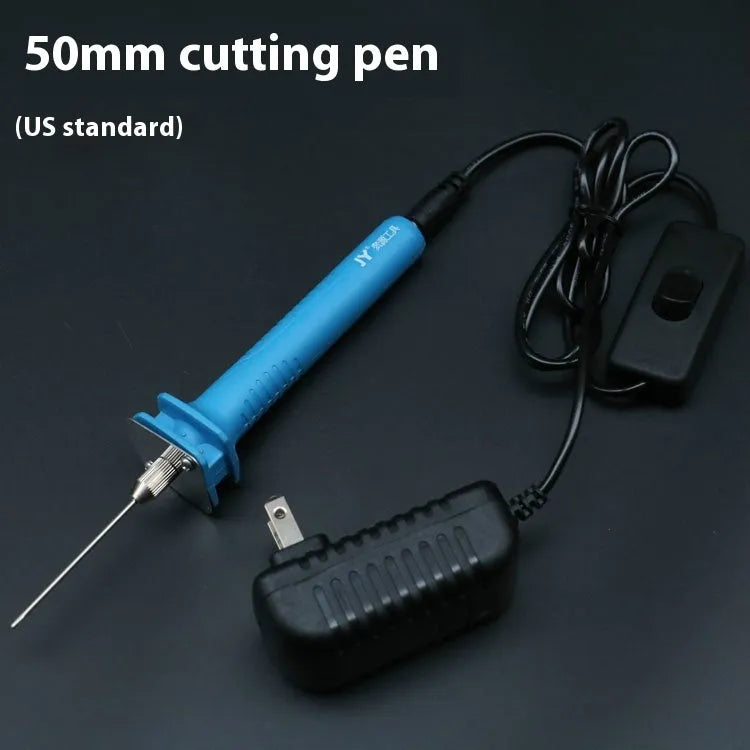 Blue electric heating cutter pen with plastic handle for cutting foam and pearl cotton, shown with power adapter.