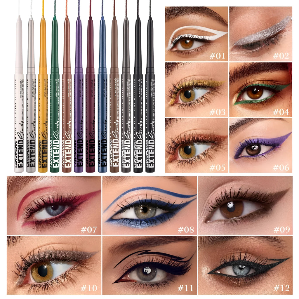 Set of 12 colourful gel glitter eyeliner pencils in vibrant shades for waterproof makeup
