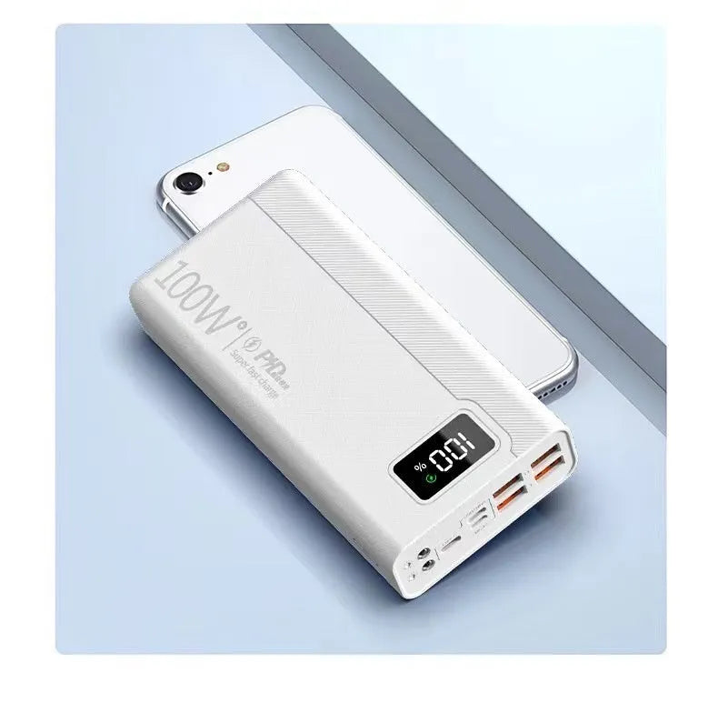 Large black and white plastic power bank showing front view with capacity options from 20000mAh to 50000mAh.