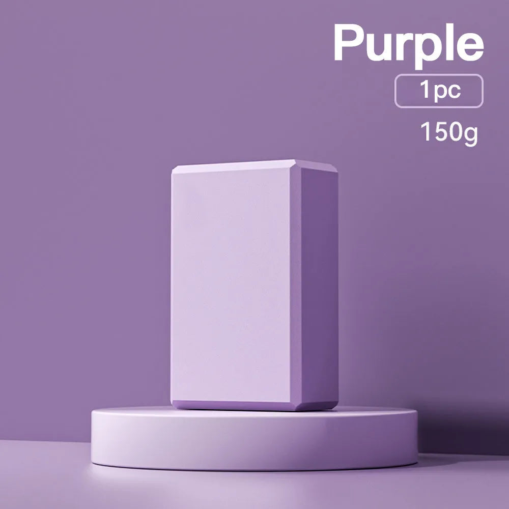 Rectangular EVA foam yoga blocks in blue pink purple rose colours showing dimensions and grip ridges