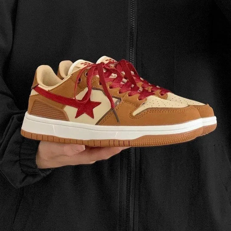 Brown women's low-top platform sneakers with round toe and sequin trim details