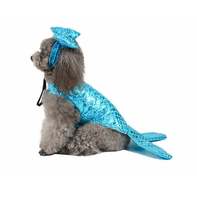 Blue polyester mermaid pet costume with headwear for small dogs and cats