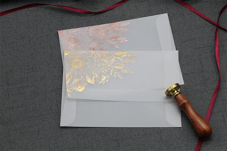 Gold bronzed sulfuric acid paper invitation card with matte finish measuring 12.5 by 17.6 centimetres