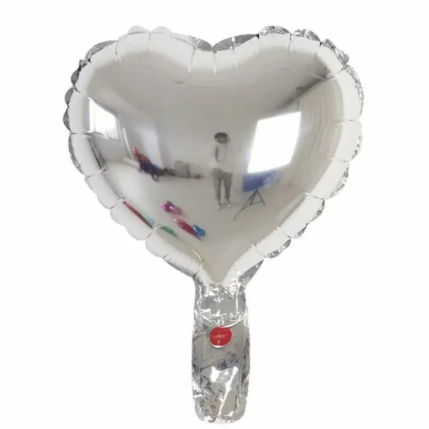 Set of five metallic peach heart shaped aluminium foil balloons in red, blue, and silver colours.