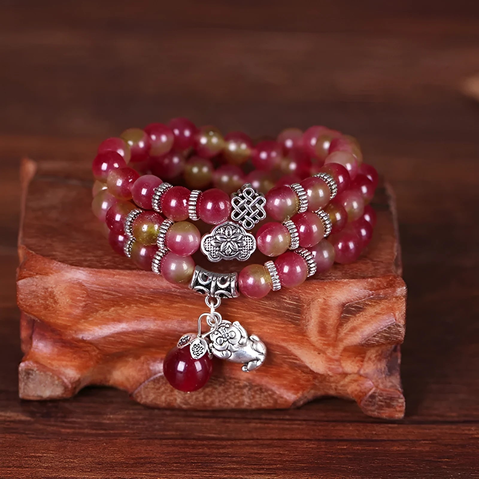 Natural watermelon crystal bracelet with Chinese knot design in 6mm and 8mm bead sizes