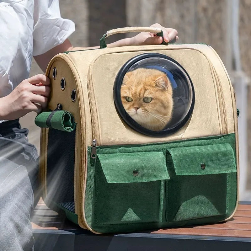 Cat space capsule backpack in solid colour, polyester, for cats up to 7kg, portable pet carrier