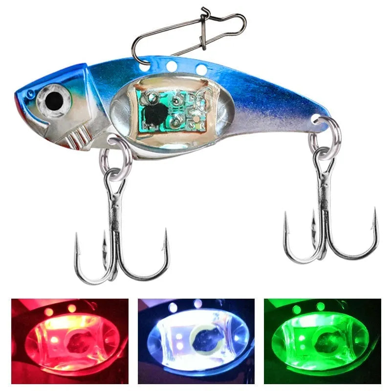 Electronic metal vib fishing lure with luminous elements in blue and red body colours