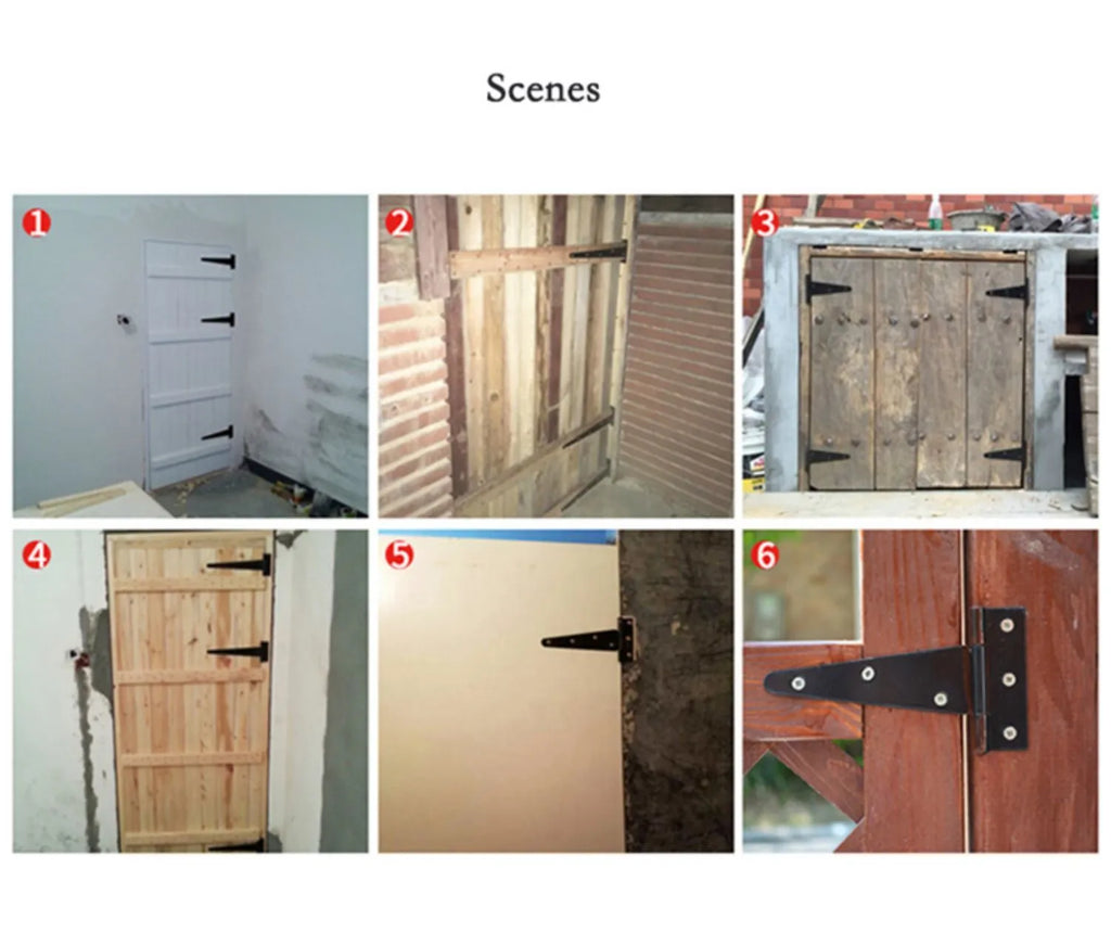 Fixed light T-shaped iron hinge for wooden doors, available in multiple sizes.
