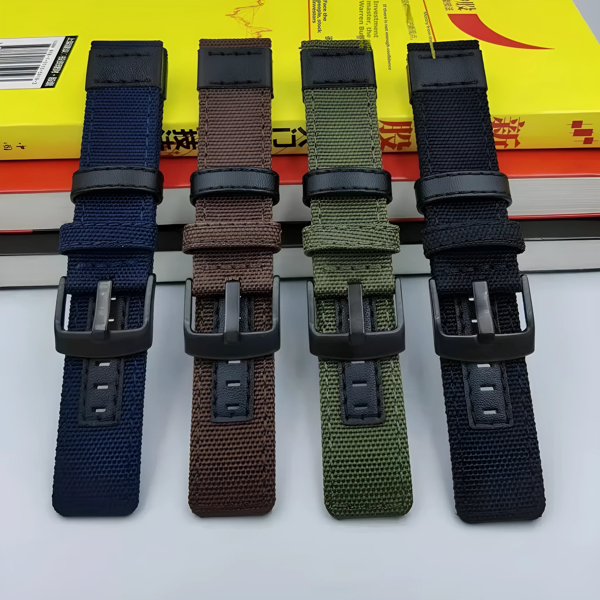 Oxford cloth canvas watch replacement strap shown in multiple colours including army green and camouflage.