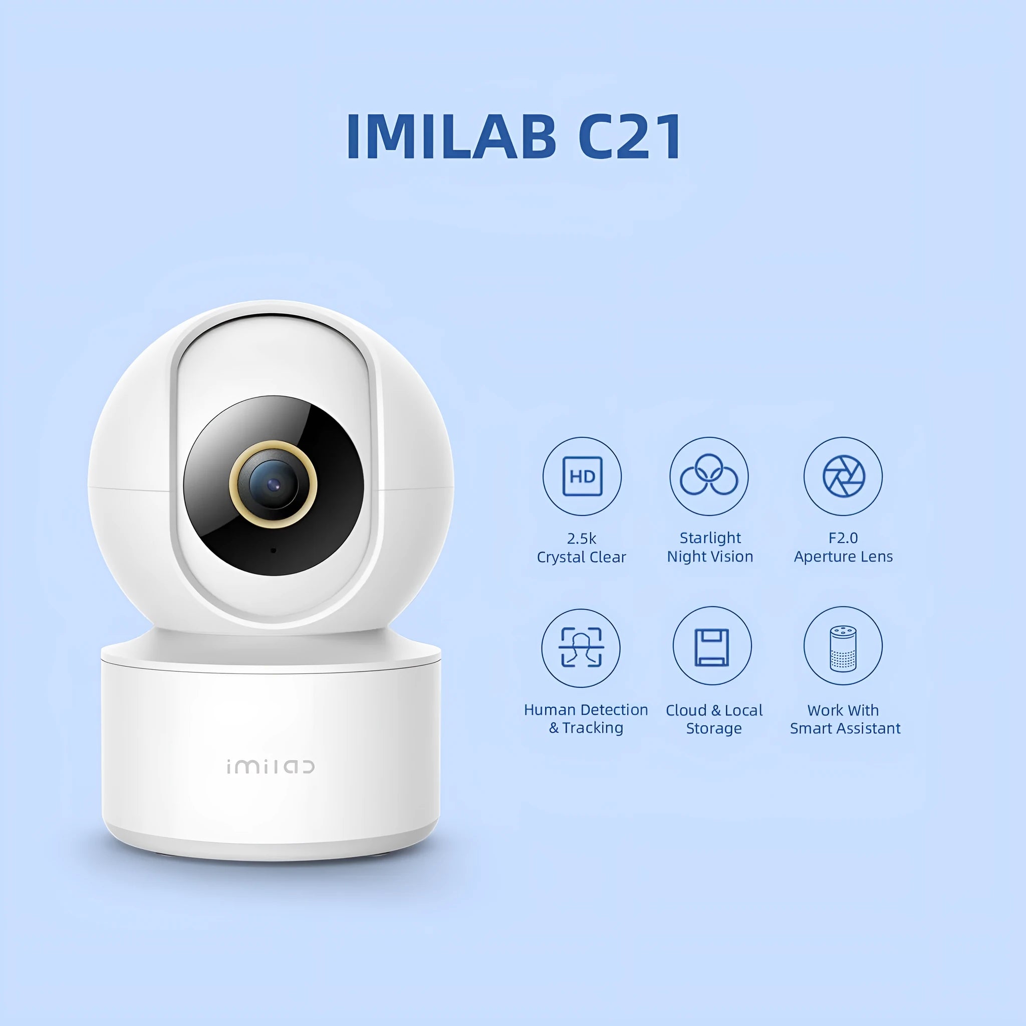 IMILAB C21 white indoor security camera with 2.5K resolution and 360 degree view on a shelf