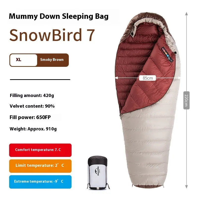 Mummy style goose down sleeping bag with storage bag in various colour options